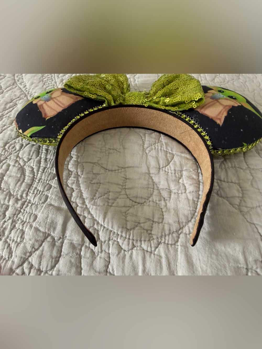 Custom Made Green Sequin Grogu MM Ear Headband - Picture 3 of 4